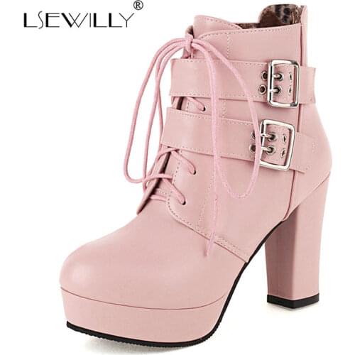 Lsewilly Sweet Ladies Ankle Boots Hot Cross Tied Zipper Women Shoes Platform Belt Buckle Square High-Heel Short Boots Size 32-48