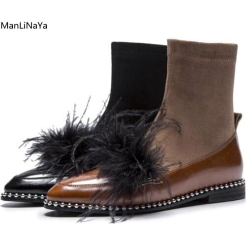 Feather Women Ankle Boots Women String Bead Studded Heel Chelsea Boots Genuine Leather Suede Female Designer Rivet Martin Boots