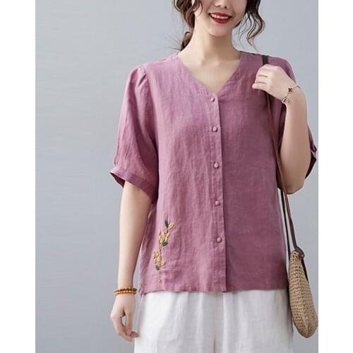 Plus Size Women Cotton Linen Casual Shirts New 2021 Summer Vintage Style V-neck Floral Embroidery Loose Female Tops S3926