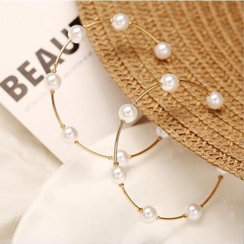 White Imitation Pearl Circle Hoop Earrings Simple Gold Color Metal Earrings Womens Fashion Big Circle Hoops Statement