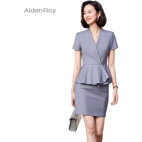 2021 Summer Female Elegant Womens Skirt Suit Black Blue Slim Blazer Bussiness Jacket Office Lady 2 Pieces Set Plus Size S-4XL