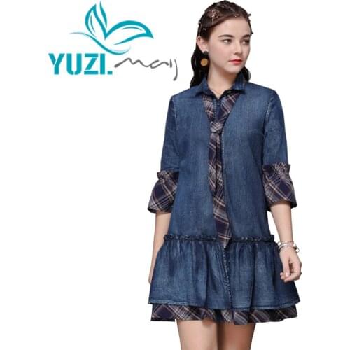 Dress Women 2020 Yuzi.may Boho New Denim Women Dresses Turn-down Collar Flare Sleeve Cotton Patchwork Tie Vestidos Female A82206