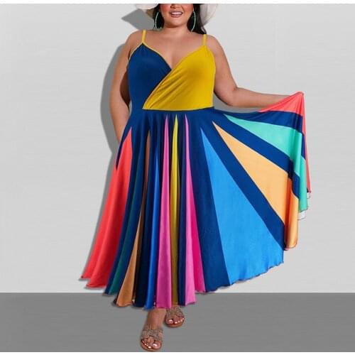 Plus Size Spaghetti Strap Dress Color Block Patchwork V Neck High Waisted Ankle Length Fashion Oversized Summer Dress New Hot