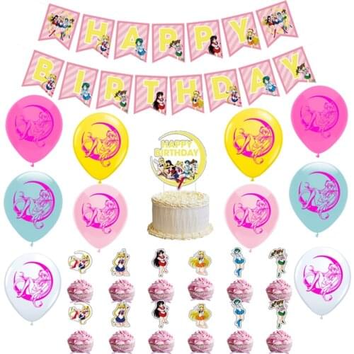 1set Sailored Moon Latex Balloons Flag Hero Princess Balons Baby Shower Girl Favor Cake Topper Banner Happy Birthday Party Decor