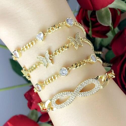 2021 Fashion Butterfly Infinite Pave CZ Jewelry For Women Charms Crystal Gold Thick Chain Adjustable Bracelet Statement Gift