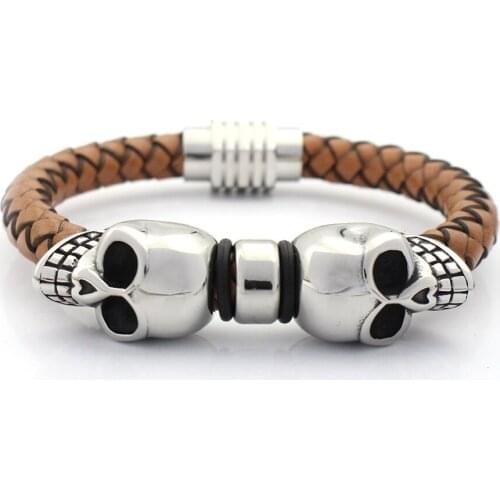 8MM Genuine Braided Leather Bracelet Never Fade Stainless steel Skull Charms Bead Bracelets with Magnet Clasp Men Bangles