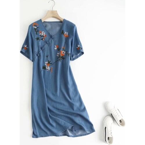 Embroidery denim dress women short sleeves casual summer loose denim dresses cotton floral light blue v-neck dress