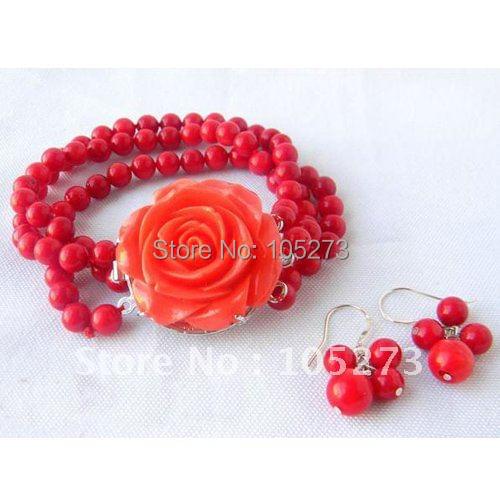 Coral Jewelry Set 3Strands 6MM Round Coral Bracelet And Earring Beautiful Coral Flower Clasp Wholesale New Free Shipping FN1013