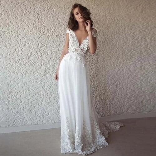 Fashion V-Neck Tulle Wedding Dress Short Sleeve Backless Floor Length Bridal Dresses with Appliques