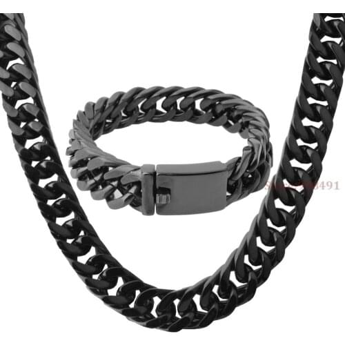 Mens Boys Cool Jewelry HIp Hop Black Color Stainless Steel Chain Necklace Bracelet Set 15mm8.66"+24"