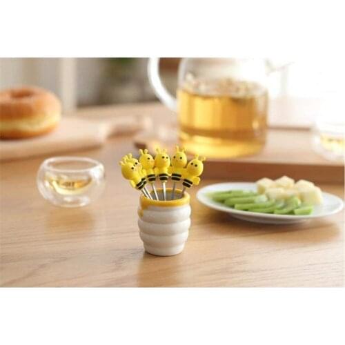 6Pcs Little Bee Fruit Forks Kitchen Stainless Steel Cartoon Silicone Bee Fork & Ceramics Holder Set For Party Cake Dessert