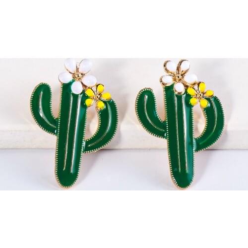 New Arrival Green Cactus Tree Metal Earrings Party Shiny Plant Statement Stud Earrings For Women Jewelry Accessories Wholesale