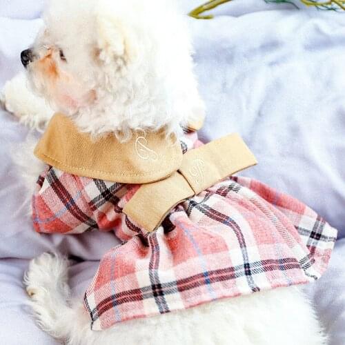 Pet Clothes Spring And Summer Doll Collar Embroidered Plaid Noble Princess Dress Teddy French Bulldog Puppet Cat Clothes