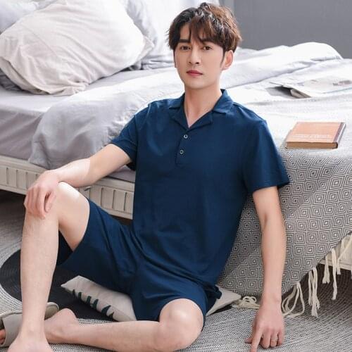 Summer Full Pure Cotton Short Sleeved Mens Pajamas Sets Pijamas Hombre Dark Blue Pyjamas For Men Sleepwear Suit Homewear M-XXXL