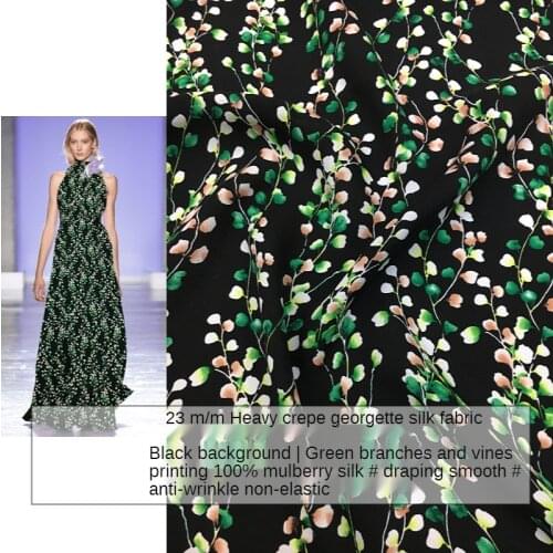 Twill digital printing black green vine stretch natural mulberry silk high fashion fabric for dress shirt scarf sewing