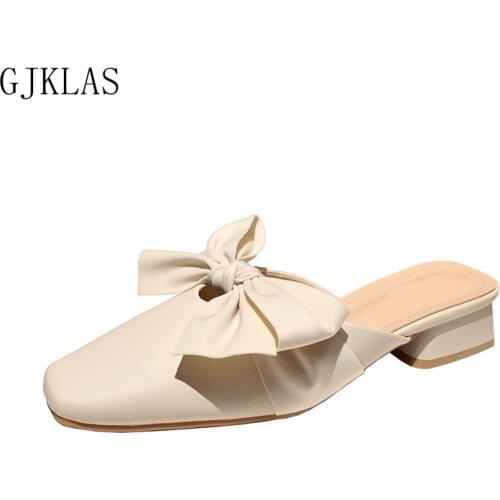 Summer Slippers Female Shoes Slides Women Leather Square Low Heels Mules Women Shoes Round Toe Bow Knot Cover Toe Ladies Shoes