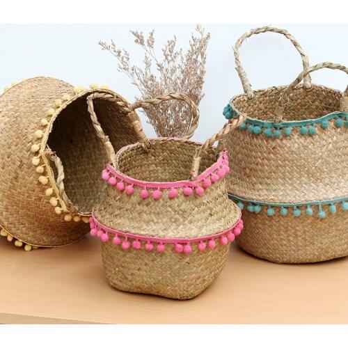Foldable Natural Seagrass Woven basket Pot Garden Flower Hanging Basket With Handle tassel Storage Basket New Household