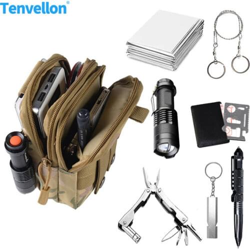 Self Defense Tactical Kit Disaster Relief Supplies Survival Kits Tactical Pen Flashlight Whistle Saw Outdoor Camping Emergency
