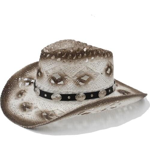 Women Men Western Cowboy Hat With Leather Punk Band Handmade Weave Beach Sun Sombrero Cowgirl Hat Size 58CM A0066