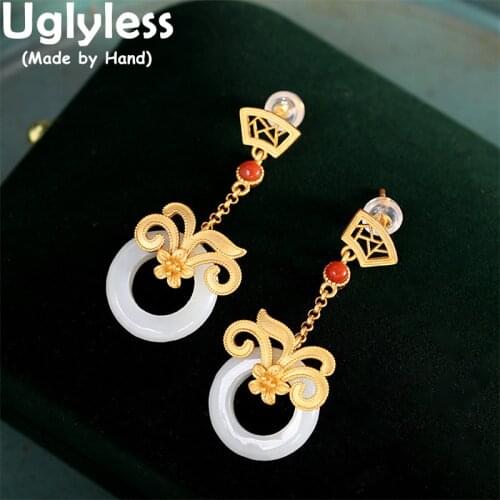 Uglyless Handmade Gold Orchid Earrings for Women Nature Jade Peace Buttons Dangle Earrings Hollow Grilles Studs 925 Silver Jewel
