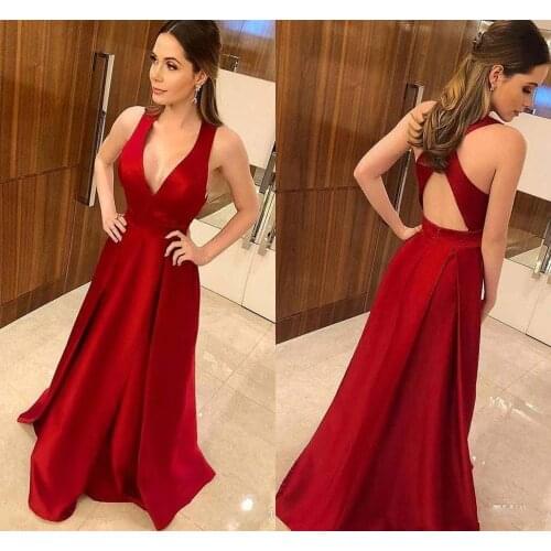 Cheap Red A Line Prom Dresses Sexy Plus Size Deep V Neck Floor Length Formal Evening Gown 2020 Sweep Train Long Party Gowns