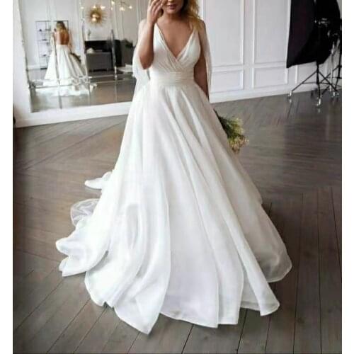 Sexy Double V-Neck A-Line Long Tulle Wedding Dresses with Slit Floor Length Pleated Abendkleider Maxi Bridal Gowns for Women