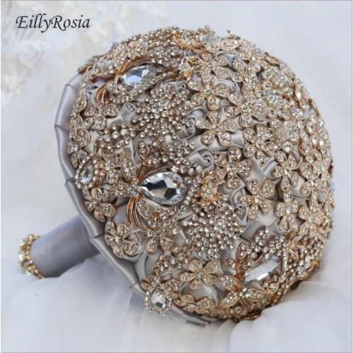 Gold Jewelry Brooch Crystals Bridal Bouquet Gray Satin Flower Aritificial Sparkly Luxurious Wedding Bouquet for Bride Customized