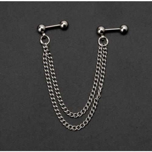 1Pc Punk Ball Stud Cartilage Ear Cuff Wrap Double Chain Piercing Earring Unisex