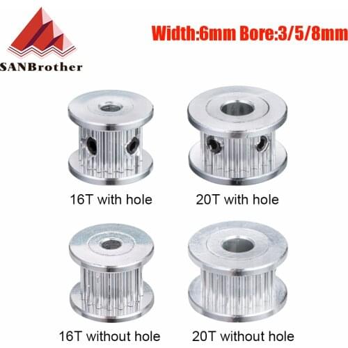 2GT GT2 Aluminum Timing Belt Idler Pulley 16T 20T Teeth Tooth 3mm 5mm 8mm Bore For 3D Printer 6mm Width Timing Belt