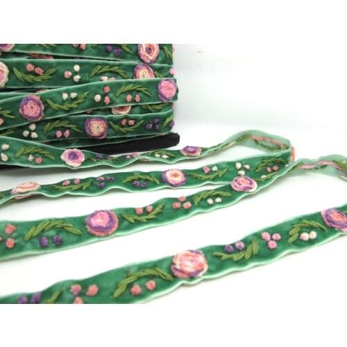 5/8 Inch Green Yarn Flowers Embroidered Velvet Ribbon|Sewing|Quilting|Craft Supplies|Hair Accessories