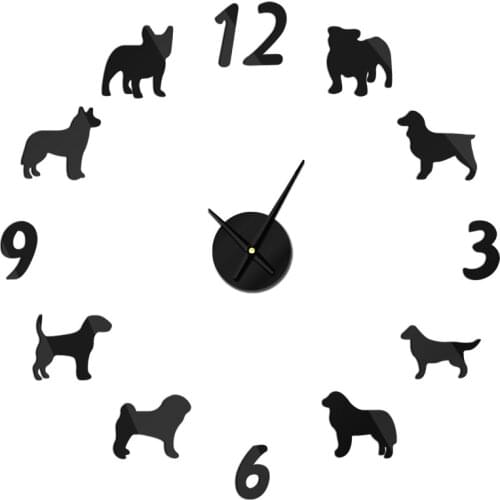 DIY Different Dog Breed Large Wall Clock Modern Design de pared Pet Dog Animal 3D Watch Sticker Puppy Lover Gift Free shipping