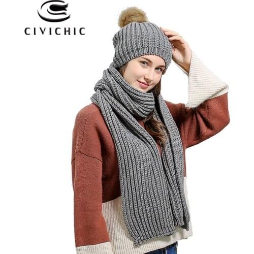 CIVICHIC Women Autumn Winter Knit Hat Scarf 2 PCS Warm Set Pompon Beanies Skullies Crochet Cap Thick Headwear Casual Shawl SH143