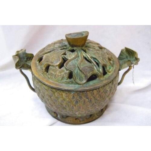 China bronze carved beautiful fine water lily censer Incense Burners statue