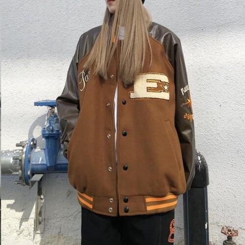 Brown Baseball Jacket Bomber Coat Female Men Button Jacket Women Clothing 2021 Autumn Harajuku Plus Size Streetwear Outerwear