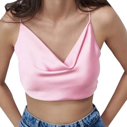 M68C Women Satin Halter Camisole Sexy Spaghetti Strap Crop Top Lace-Up Backless Vest