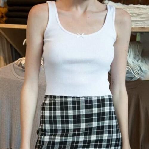 White Simple Cotton Tank Tops Women 2021 Summer Bow Round Neck Sleeveless Sexy Slim Vest Femme Vintage Casual Y2K Crop Top Chic