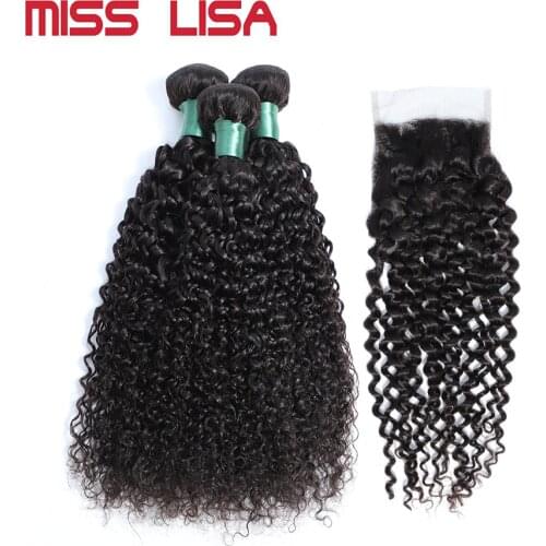 Miss Lisa Kinky Curly 3 Bundles With 4x4 Closure Brazilian Human Hair Weave Bundles Extension For Women