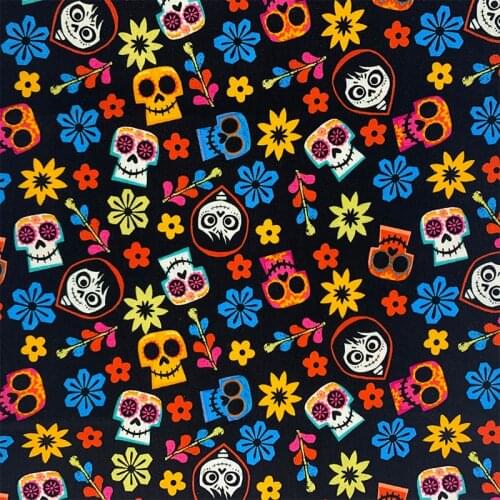 Fashion Black Bottom Colorful skull flower 100%Cotton Fabric Cool Skull Printed Sewing Material Diy Home Cloth Dress Clothing