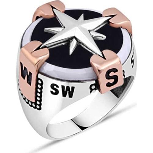 Black Onix Stone With Compass Silver Men 'S Ring