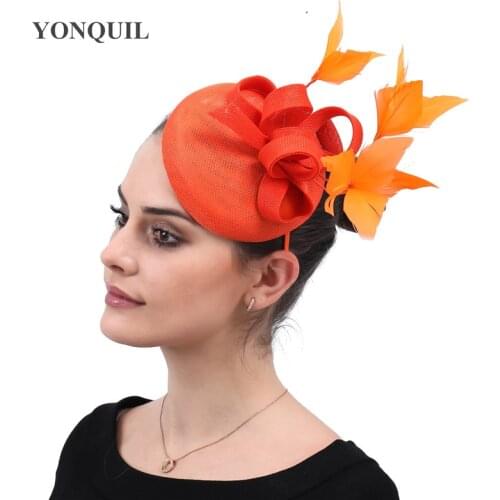 New Women Orange Fascinator Fashion Ribbons Female Wedding Party Fedora Hat Penny Mesh Featehrs Hats Amazing Accessories SYF570