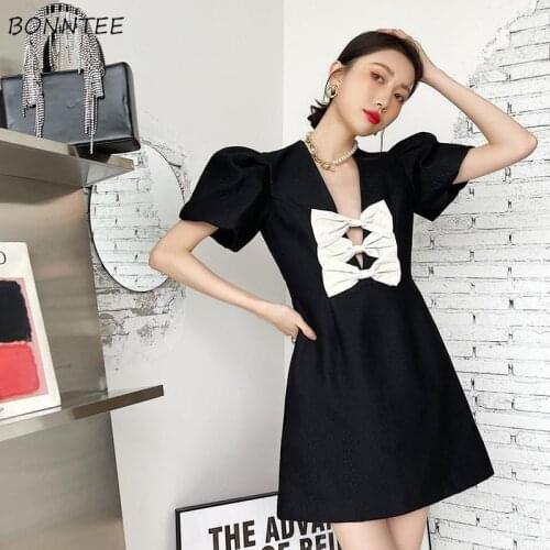 Dress Women Bows Mini Sexy V-neck French Style Vintage Club Feminino High Quality Elegant Popular Summer Ladies Chic Vestidos