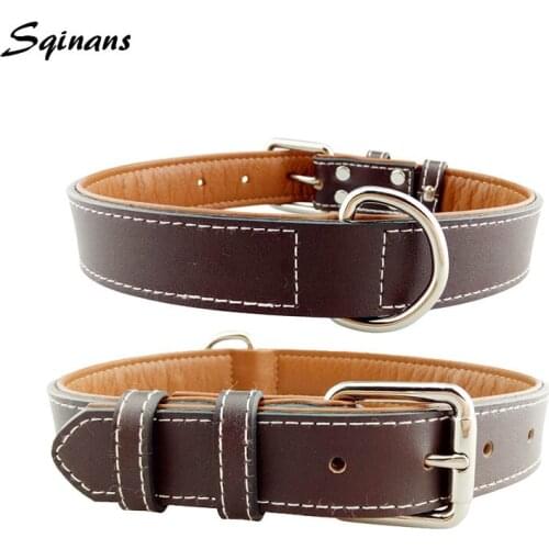 Sqinans Strong Genuine Leather Dog Collar Outdoor Large Breed Training Necklet Collar Double Sewing Line Adjustable Pet Collars