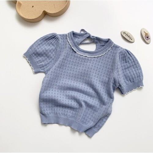 Girls Shirt Summer Short Puff Sleeve Toddler Girls Thin Cotton Knit Blouse for Girls Clothes Princess Round Collar Lace Shirt