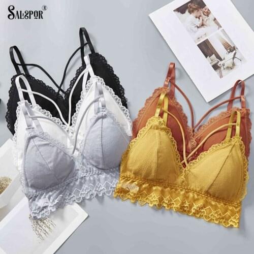 SALSPOR Lace Bra Sexy Wireless Womens Bralette Cotton Cross Padded Tube Top Breathable All-Match Sling Lingerie