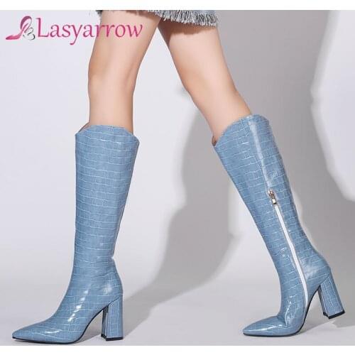 Lasyarrow Faux Leather Women Knee High Boots Pointed Toe Boots Women Chunky Block High Heel Boots Western Cowboy Boots Blue