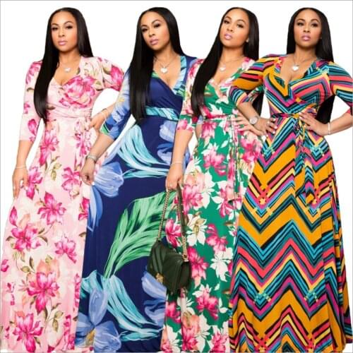 Sexy V-neck Boho beach Dress printed plus size and floor dress fashion womens clothing