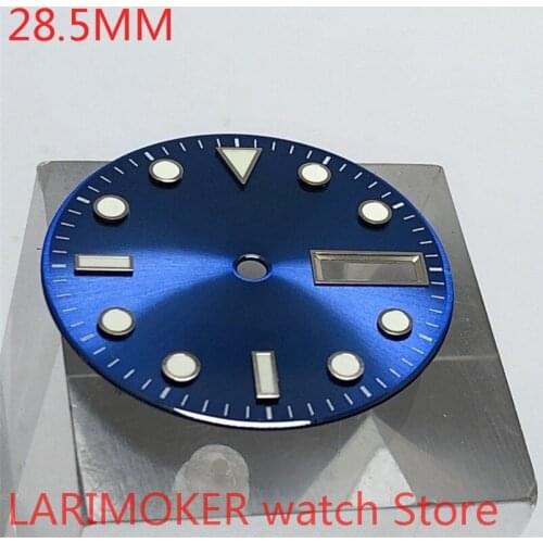 NO Bliger LOGO sterile 28.5mm dial date, suitable for MH36 case core, sports mens watch dials parts blue