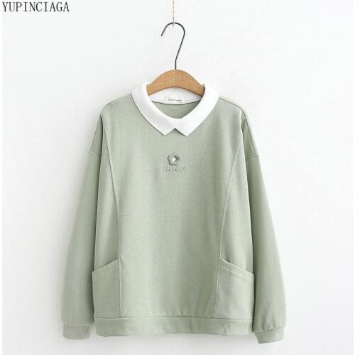 Womens Harajuku Cute Hoodies Sweatshirt Floral Embroidery Turndown Collar Tracksuit 2020 Spring New Long Sleeve Pullovers