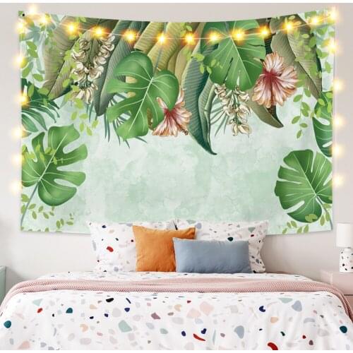 Tropical Plant Tapestry Palm Banana Leaves Wall Hanging Green Background Dorm Bedroom Boho Style Decoration Picnic Beach Mat
