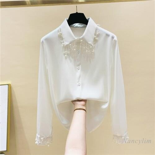 Beads Tassel Long Sleeve White Shirt Women 2021 Spring Autumn New Loose Chiffon Blouse Female Chic Top Blusa Nancylim